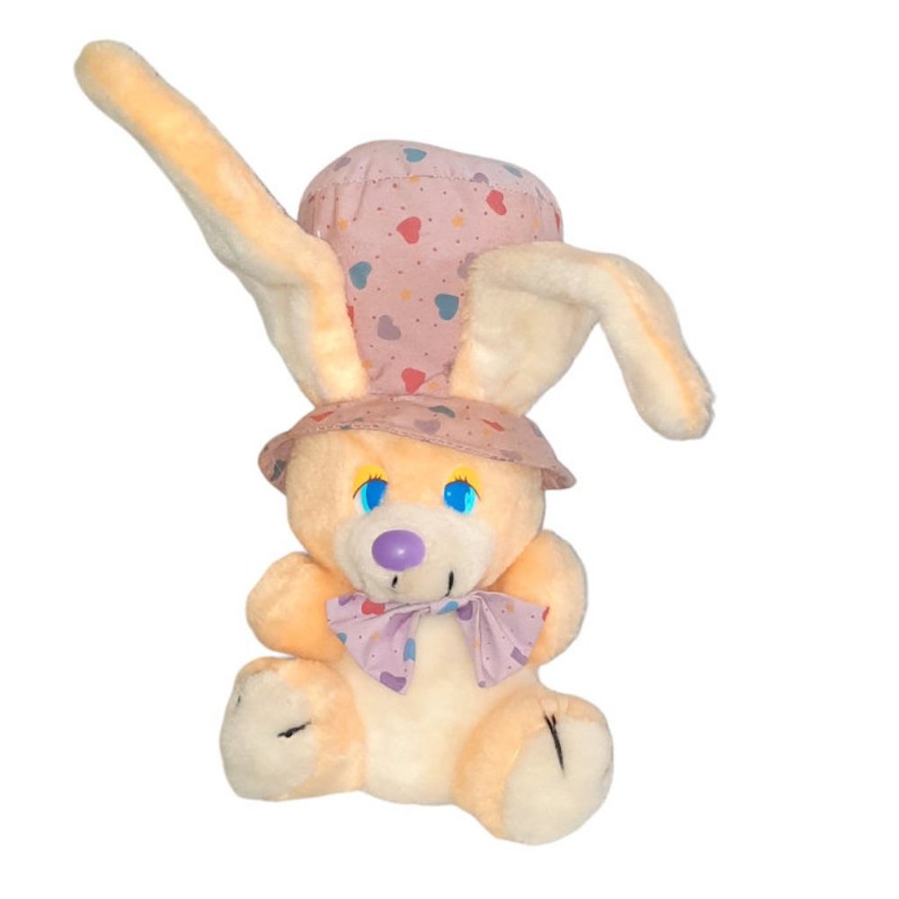 Vintage Dan Dee Bunny Rabbit Hearts Hat & Bow Stuffed Plush Toy 10"